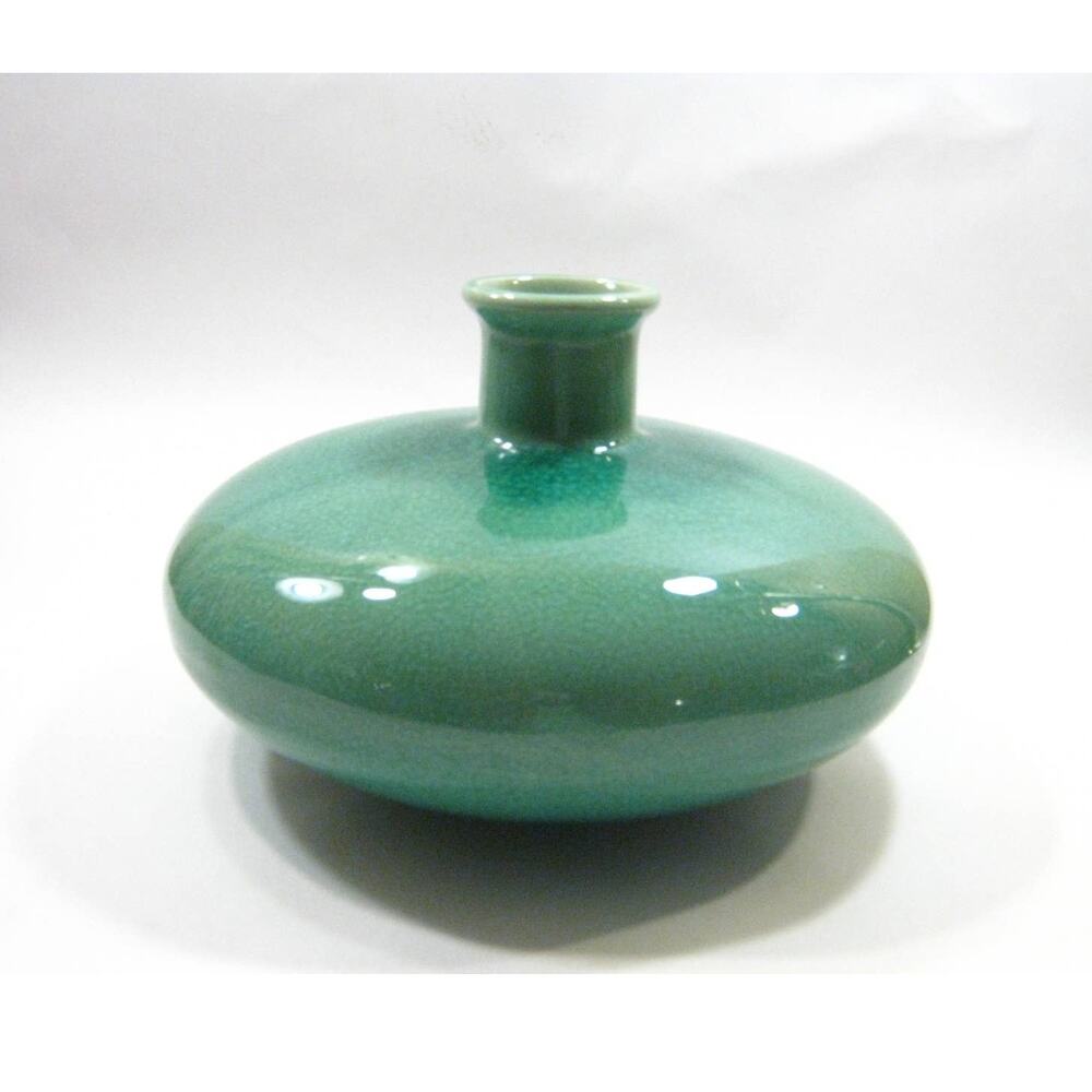 Contemporary Globe Sea Green Glazed Glass Vessel Vase Container Crackle Finish